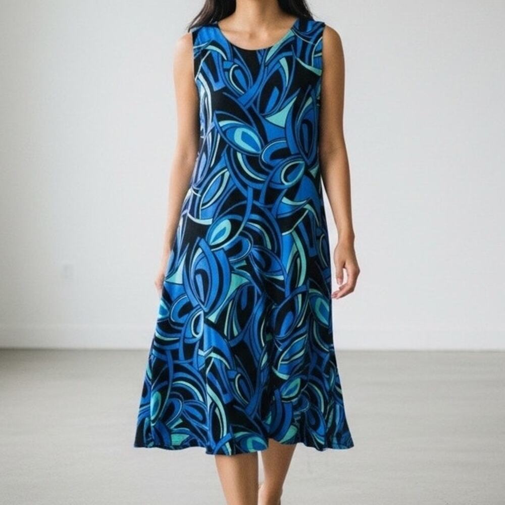Julian Taylor Shift Dress 8 Blue Wavy Print A Line Sleeveless Resort